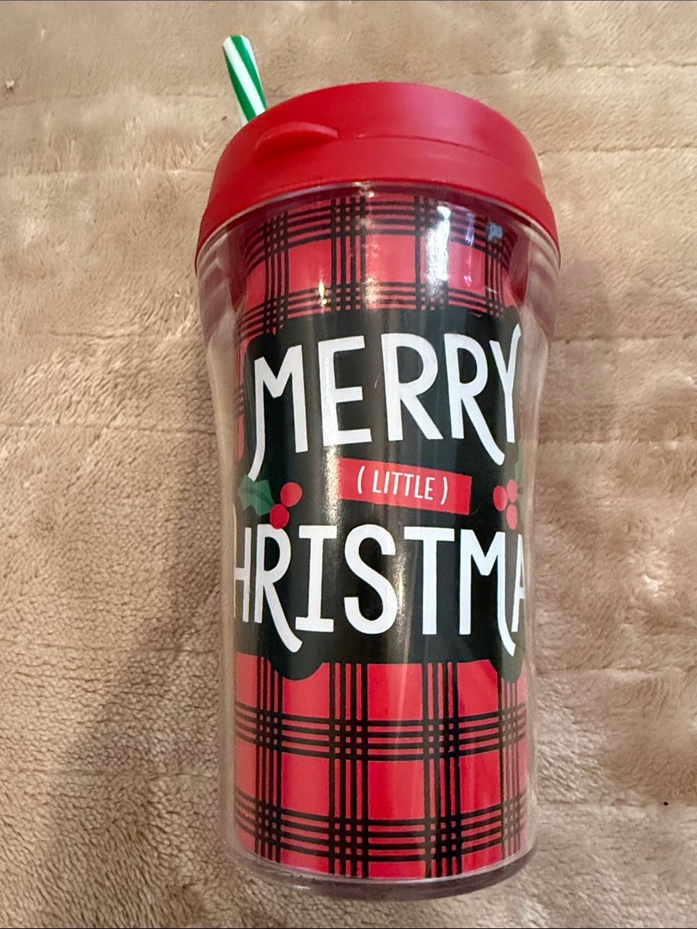 Merry Christmas Red Plaid Travel Tumbler with Straw. 5 1/2” tall x 2 1/2” wide.
